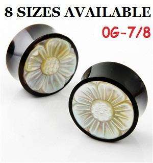 PAIR (2) ORGANIC HORN PEARL FLOWER DOUBLE FLARE EAR PLUGS TUNNELS 00G 