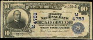 10 SPIRIT LAKE IOWA PB 1902~#4758~NATIONAL CURRENCY~  