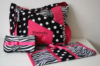 HOt Pink /Zebra dot diaper bag/matching wipe case/Changing pad 