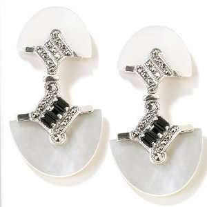  Sterling Silver Mother of Pearl, Onyx & Marcasite Earrings 