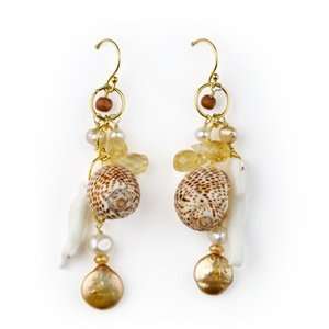 Meg Carter Designs Dramatic dangle earring with citine, natural shell 