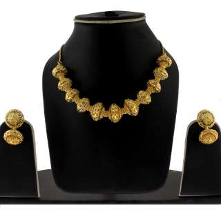 GOLD PLATED ENAMEL 4 PC INDIAN JEWELRY NECKLACE EARRINGS + RING  