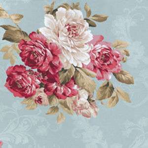 Cotton Satin Clothworks Fabric Antique Rose Floral Blue  