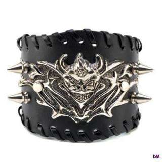   Gothic Demon Skull Studs and Spikes Faux Leather Cuff Braclet  