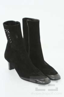 Salvatore Ferragamo Black Suede Leather Bow Trim Ankle Boots Size 8 AA 