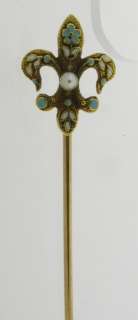 Antique Fleur de lis Pearl & Enamel 14k Gold Stick Pin  