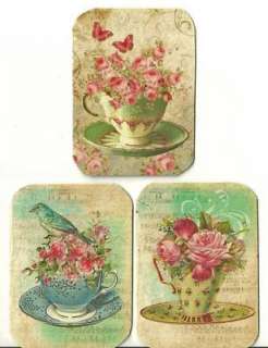 Vintage inspired Tea Cup birds roses card tags ATC altered art set of 