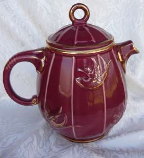 VINTAGE HALL BIRDCAGE TEAPOT MAROON WITH GOLD DECORATION.~BEAUTIFUL 