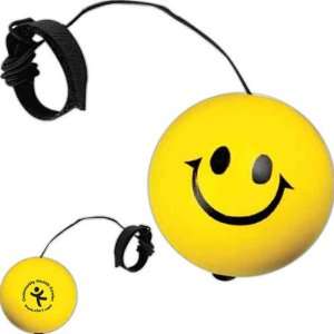 Smiley face stress reliever with velcro loop and elastic string, 2 1/2 