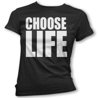 Choose Life Womens Black T Shirt Girls Top 80s Wham WOW  