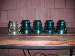 LOT OF 5 VERY OLD GREEN & WHITE ELECTRICAL INSULATORS