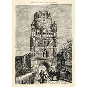  1882 Wood Engraving Gate Tower Uenlingen Stendal Germany 