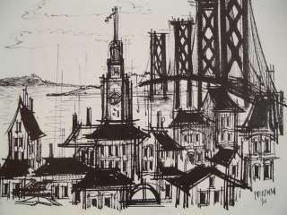 Bay Bridge / San Francisco skyline original 1964 drawing by Friedman 