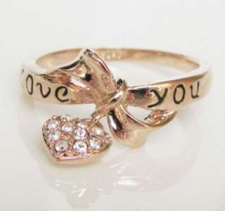 Size 8 Ring bow heart love you 18k rose gold GP Engagement promise 