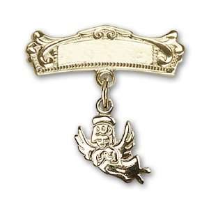  14kt Gold Baby Badge with Guardian Angel Charm and Arched 