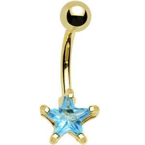  Gold Plated Aqua Cubic Zirconia Star Belly Ring Jewelry