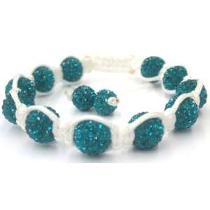  Shamballa Bracelet with Aquamarine Cz Pave Crystal Balls and White 