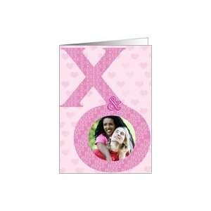 Valentines Day Kisses and Hugs XO Photo Card on Pink Heart Background 