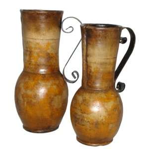  Textured Amber Pitchers w/ Iron Handles Set of 2