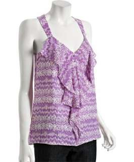 style #308914601 violet silk chiffon chimes print cascade ruffle top