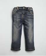 BABY dark blue distressed denim straight leg jeans style 