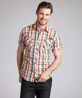 Fresh orange cotton embroidered short sleeve button front shirt