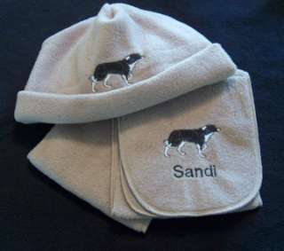 fleece hat and pocket scarf with personalized dog breed ebroidery