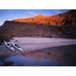  Sea Kayaks at a Island Camp at Sunset, Baja, Mexico 