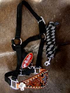 HORSE HALTER BRONC CARVED NYLON NOSE BAND CROSS CLEAR CRYSTALS RODEO 
