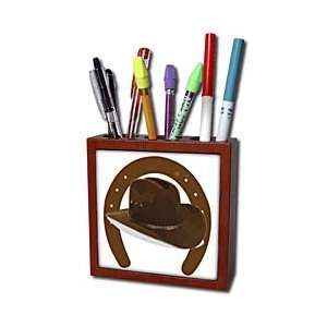   Large Brown Horseshoe With Brown Cowboy Hat   Tile Pen Holders 5 inch