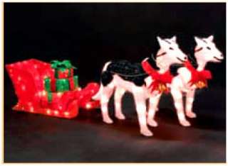 LIGHTED HUSKIES SLEIGH GIFT BOXES CHRISTMAS OUTDOOR BOW  