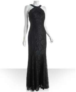 Theia black lace embellished evening gown  
