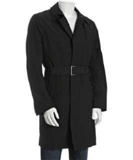 Zegna black poly blend leather detail belted raincoat   up to 