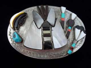 Old Pawn Zuni Silver and Turquoise Belt Buckle Sterling Inlaid GREAT 