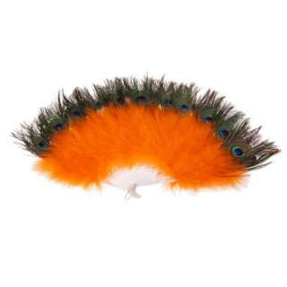 Orange Marabou Feather Fan w/ Peacock Party Fancy Dress  