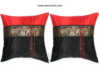 2Silk Throw Couch Bed Pillow Covers BLACK/RED Elephants  
