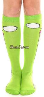   these green invader zim knee high socks feature a playful gir face