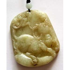 Vintage Inspired Old Jade Lucky Ox Cow Coins Amulet Pendant Necklace 