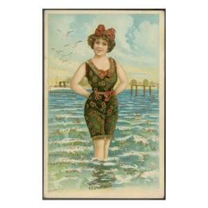  A Pretty Woman in a One Piece Swimsuit Stands in the Sea 