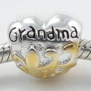 Grandma Heart with Gold Plated Design .925 Sterling Silver Bead Charm 