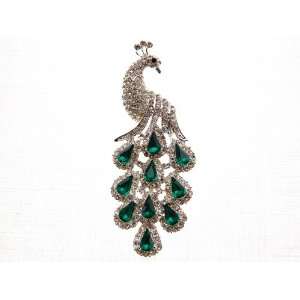  Emerald Silver Tone Teardrop Feather Tail Green Peacock Custom Pin 