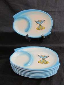 Vtg Mid Century CA SIMS Pottery Aqua Snack Set of 8  