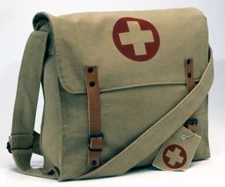 KHAKI VINTAGE STYLE MEDIC BAG WITH RED CROSS 12 1/2X11X 3 1/2 