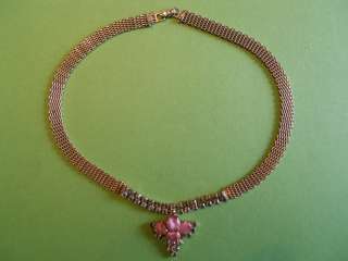   Mesh Chain Smoke Rhinestone & Pink Opaque Stone Choker Necklace  
