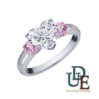 Diamond Engagement Ring 1.40 CT 3 Stone White Heart & Pink Sapphire 
