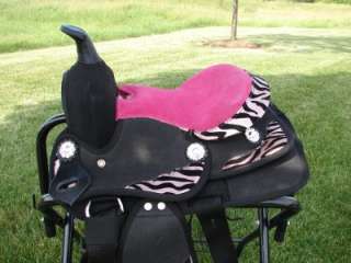 Black Synthetic Western kid PONY Saddle 10 Pink Zebra  