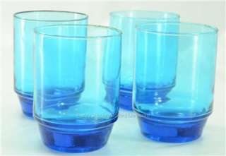 Set 4 Mid Century 1970s LASER BLUE 16oz GLASS TUMBLERS  