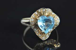 Estate Vintage 14K Gold Blue Topaz Diamond Heart Ring  