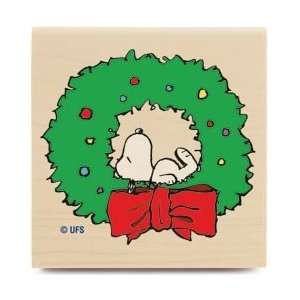  New   Peanuts Mounted Rubber Stamp 3X3   Snoopys Wreath 
