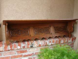 HUGE Antique English Carved Oak Wall Shelf Coat Hat Plate Rack 